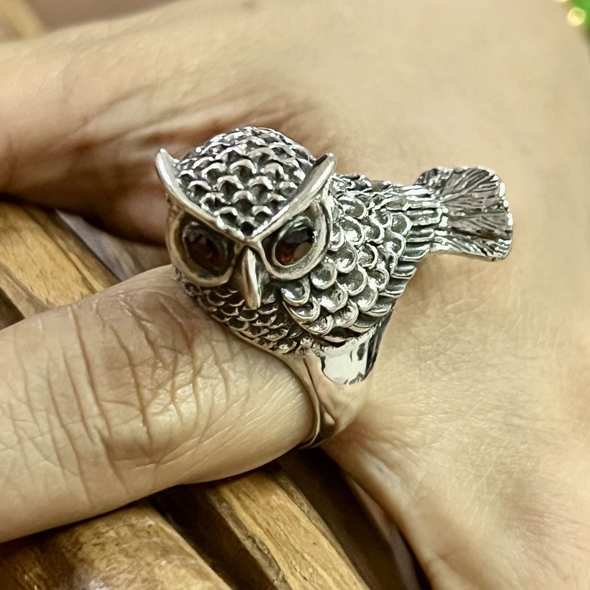 (HANDMADE 925 BALI STERLING SILVER OWL RINGS WITH GARNET)